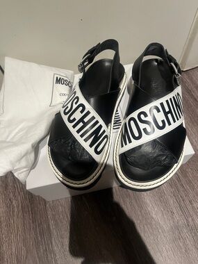 Moschino Black & White Logo Cross-Strap Slingback Sandals